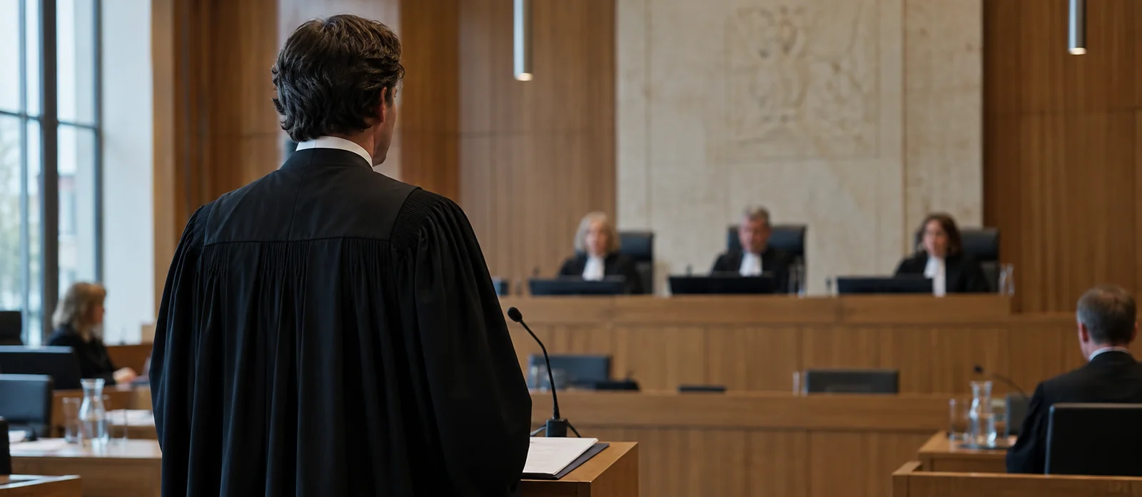 Een advocaat in toga in een Nederlandse rechtszaal